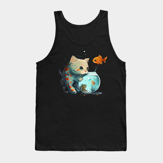 Purr-fect Catch: Cute Cat Fishing Artwork Tank Top by Raja2021